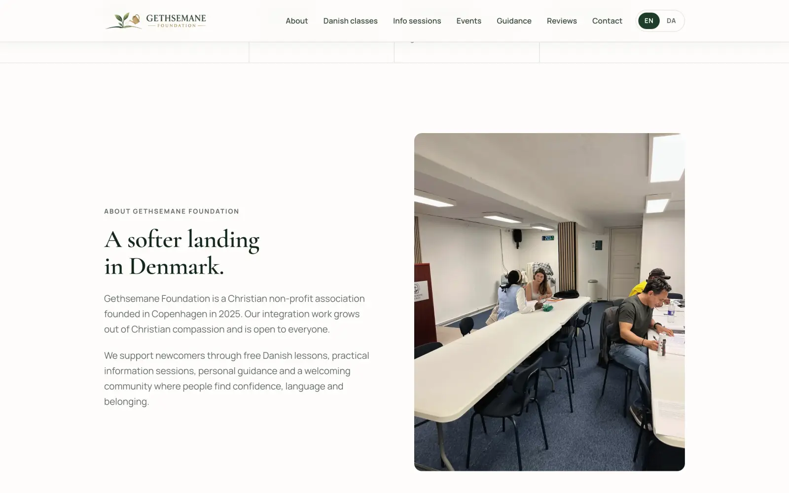 Om-sektionen på gethsemanefoundation.dk