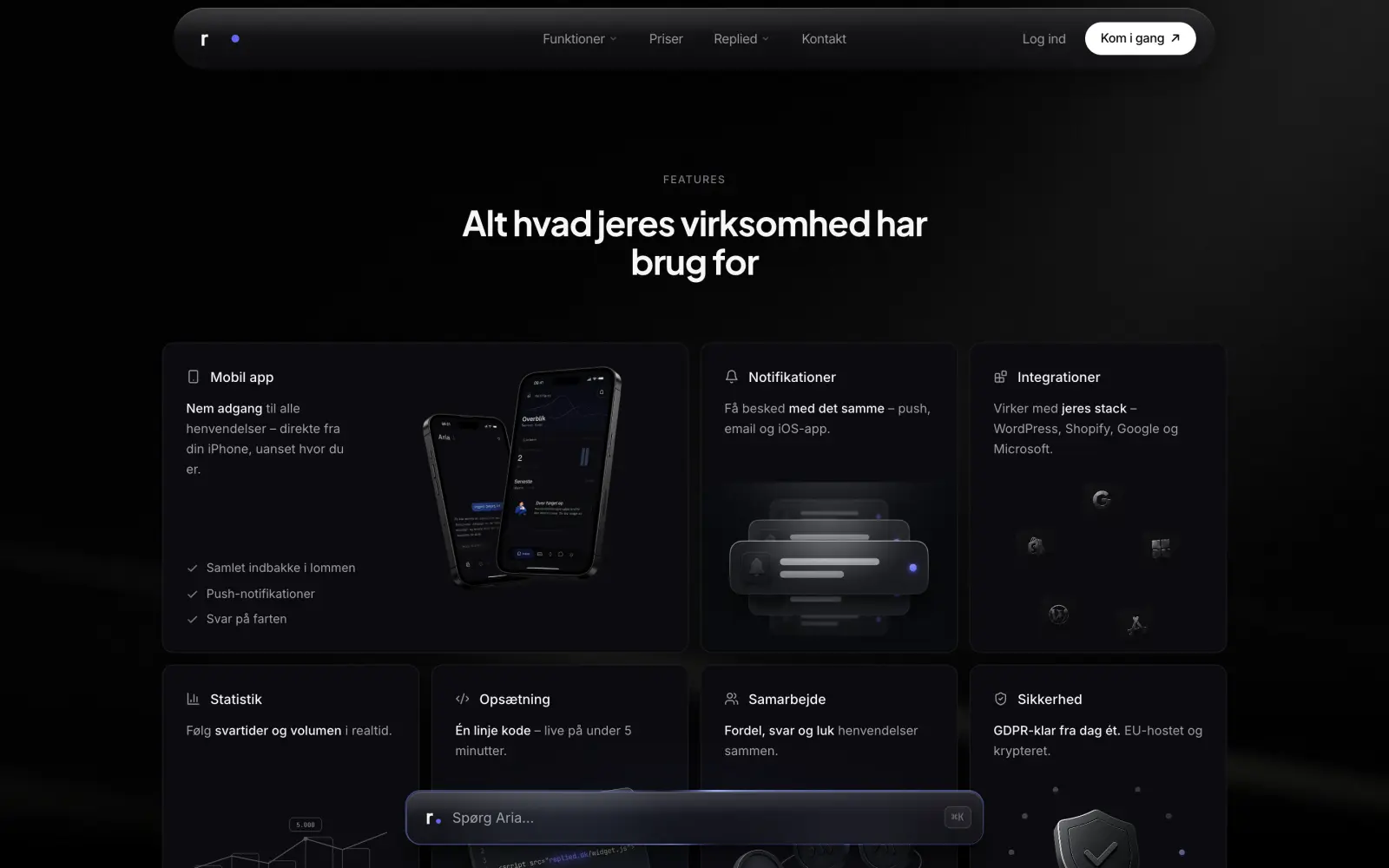 Funktionsoversigt på replied.dk med mobilapp, notifikationer og integrationer
